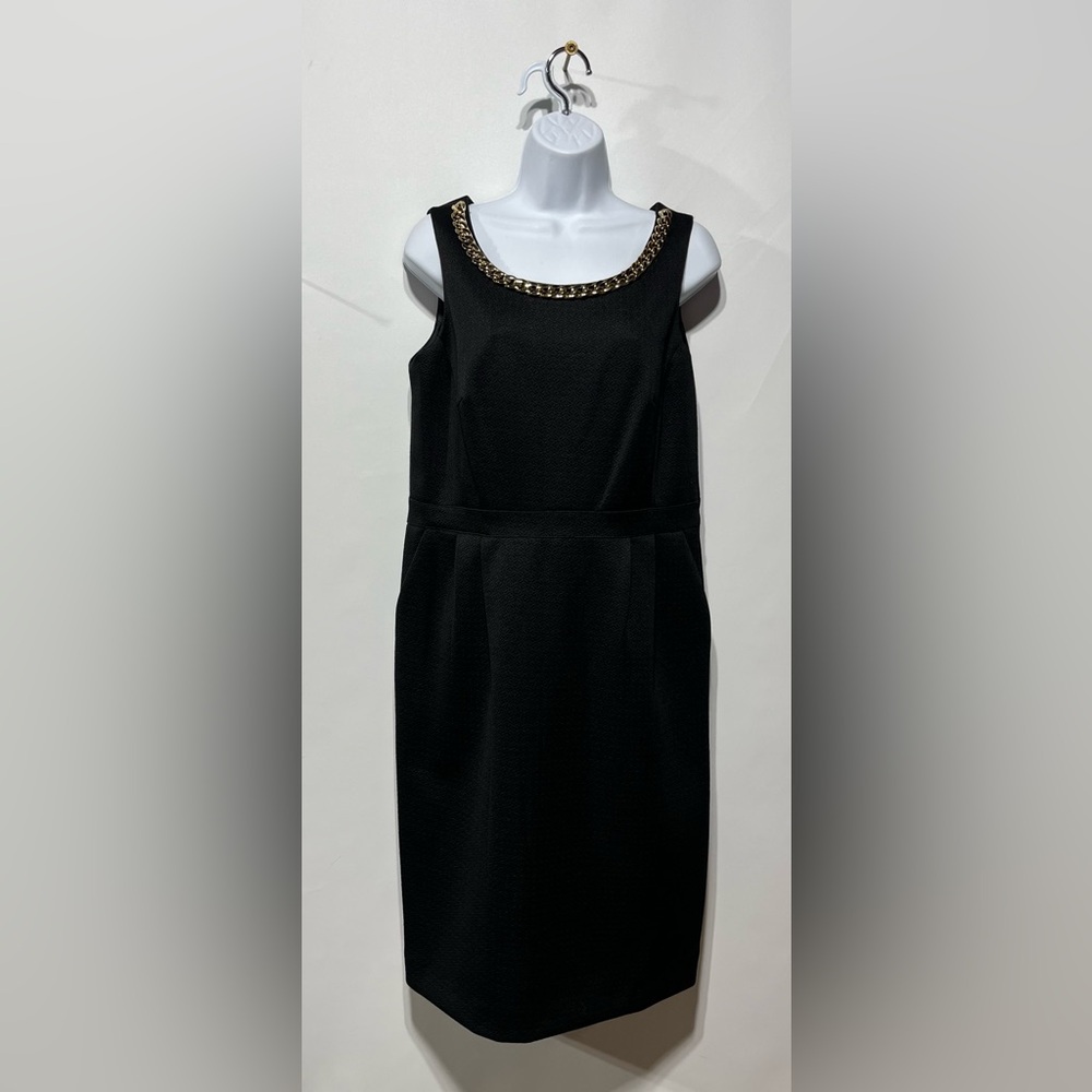 John Meyer Collection Black Midi Dress With Pockets AndChain Neckline Size 8 NWT